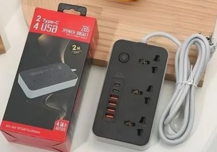 چندراهی برق خارجی طول کابل ۲ متر دارای سوکت یواس بی و تیپ سی سه خانه 3POWER SOCKET Z65 2 TYP0E-C